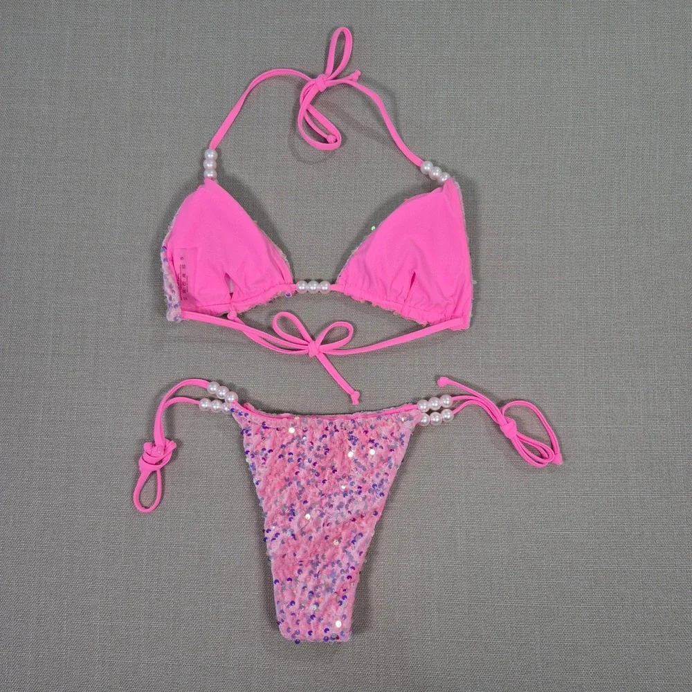 Pink Sequin Pearl Beaded Bikini Set Sexy Two Piece Swimsuit Women Size Small
